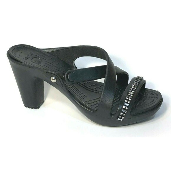 Crocs Cyprus IV Black Heeled Sandals with Rhinestones NEW Sz.9 - Picture 2 of 8